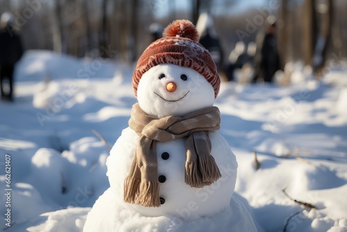 A welcoming snowman stands in a snow-covered park, donning a hat and scarf. Photorealistic illustration © DIMENSIONS