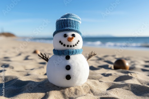 A petite snowman  adorned with a vibrant blue hat and scarf  soaks up the sun s warmth on a sandy beach. Photorealistic illustration