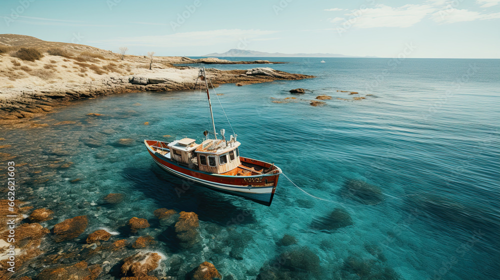 Aerial view of a wooden fishing boat in the sea, Greece Aerial view of a wooden fishing boat in the sea, Greece