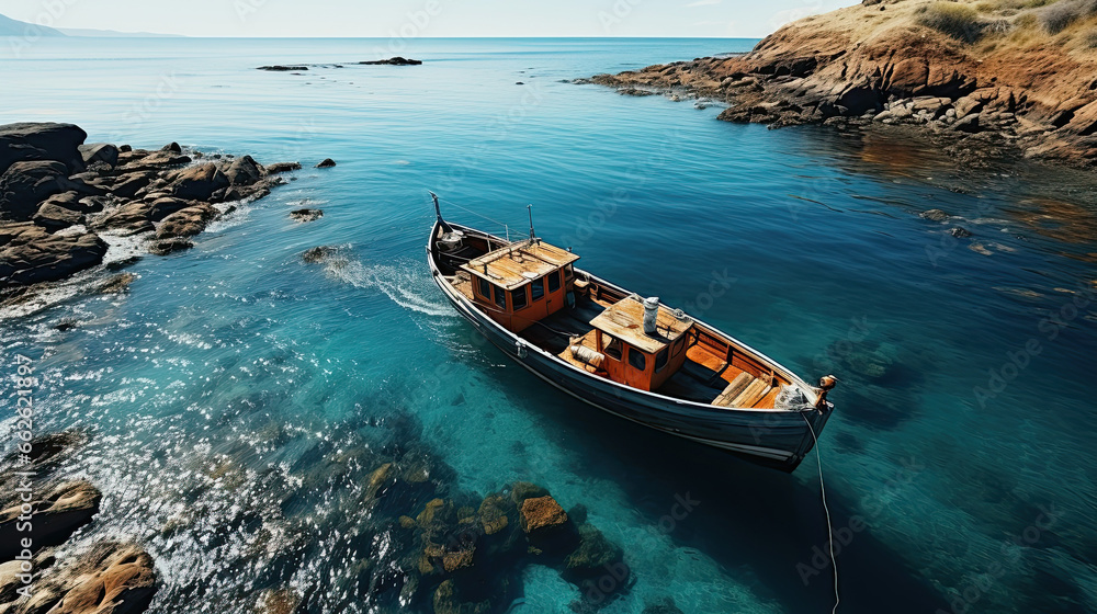 Aerial view of a wooden fishing boat in the sea, Greece