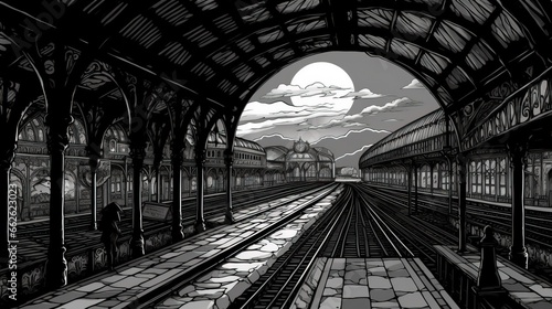 Victorian train station platform. Fantasy concept , Illustration painting.