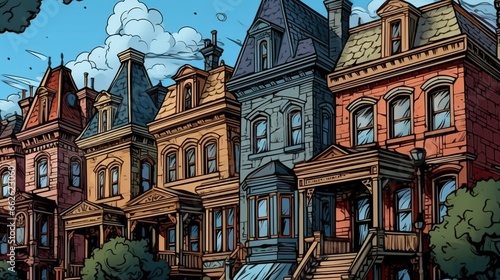 Victorian townhouses. Fantasy concept , Illustration painting. photo
