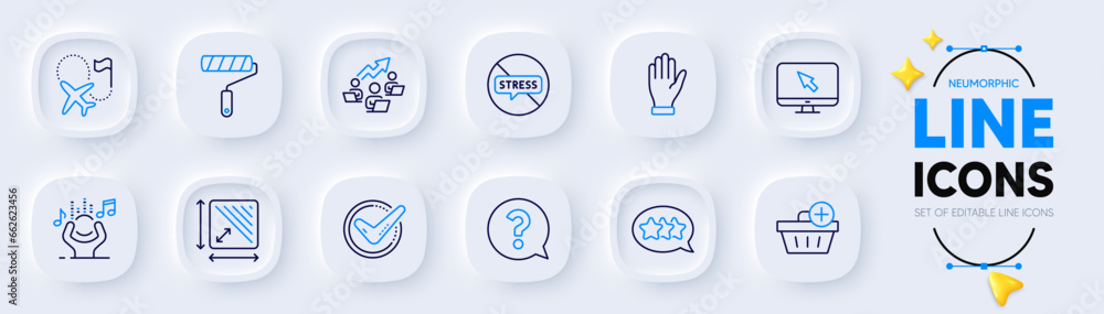 Destination flag, Hand and Confirmed line icons for web app. Pack of Square area, Paint roller, Internet pictogram icons. Noise, Stop stress, Teamwork chart signs. Add purchase. Vector Destination flag, Hand and Confirmed line icons for web app. Pack of Square area, Paint roller, Internet pictogram icons. Noise, Stop stress, Teamwork chart signs. Add purchase. Vector