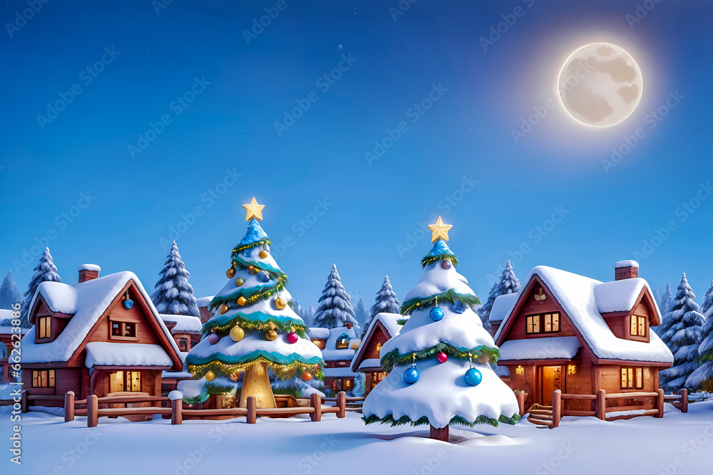 A snow-covered village with Christmas trees on New Year's Eve. Christmas illustration