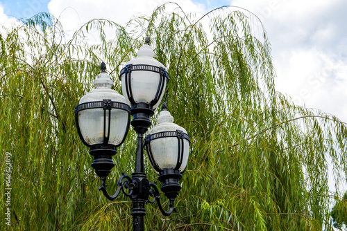 Close-up of street lamp in traditional Chinese garden