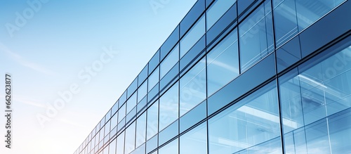Aerial perspective of glass walled office building