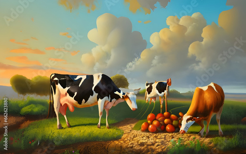 Oil painting agriculture place with cow and hours , illustration, painting generative AI 