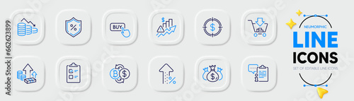 Rise price, Checklist and Inflation line icons for web app. Pack of Money loss, Shopping, Buy button pictogram icons. Dollar target, Clipboard, Loan percent signs. Bitcoin exchange. Vector