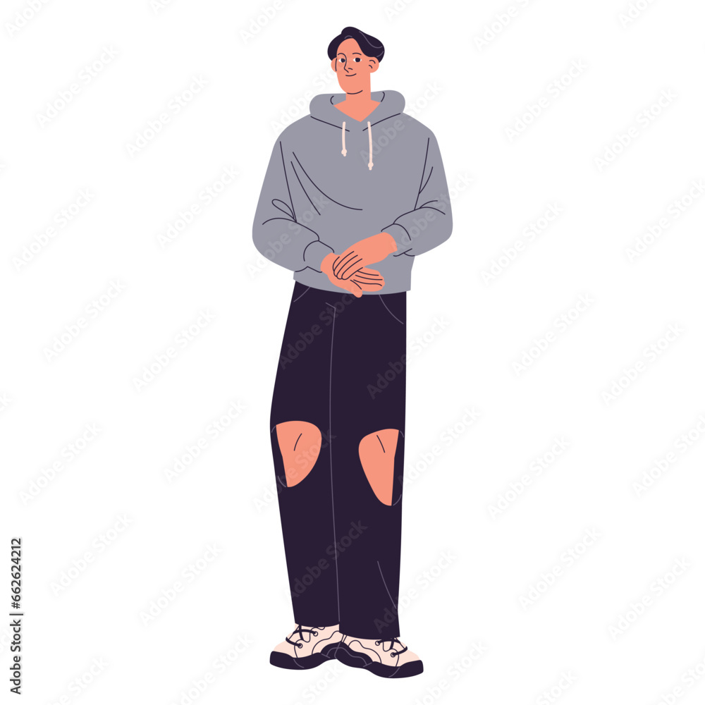 Young man smiling, applauding. Guy in casual outfit standing, clap his hand, support with applause. People congratulate with success. Boy wearing hoodie. Flat isolated vector illustration on white