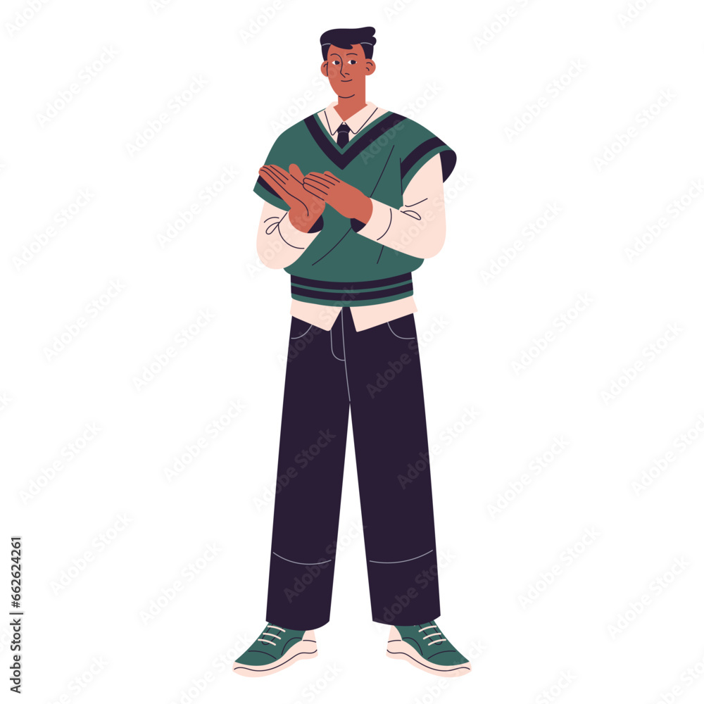 Young man wearing vest, school uniform. Guy standing, clap his hand, applauding, support with applause. People congratulate with success. Flat isolated vector illustration on white background