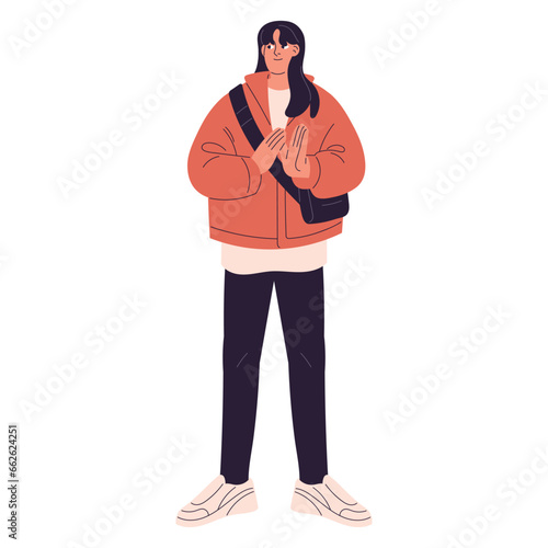 Young woman applauding. People in casual outfit with waist bag. Female standing, clap her hand, support with applause, congratulate with success, win. Flat isolated vector illustration on white