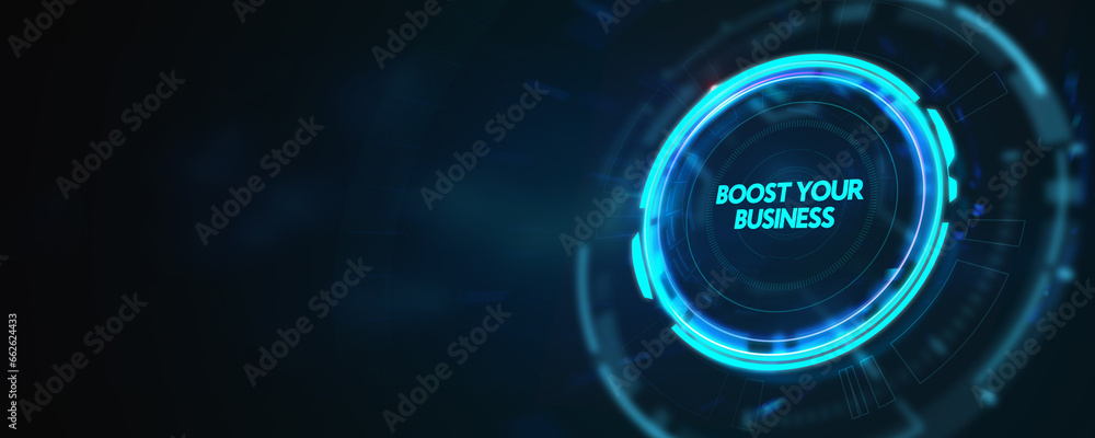 Business, Technology, Internet and network concept. Young businessman shows the word: Boost your business. 3d illustration Business, Technology, Internet and network concept. Young businessman shows the word: Boost your business. 3d illustration