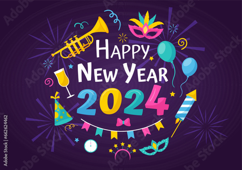 Happy New Year 2024 Celebration Vector Illustration with Trumpet, Fireworks, Ribbons and Confetti in Holiday National Flat Cartoon Background
