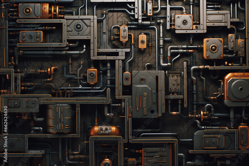 Mechanical equipment and pipes background wall, cyberpunk metal style background