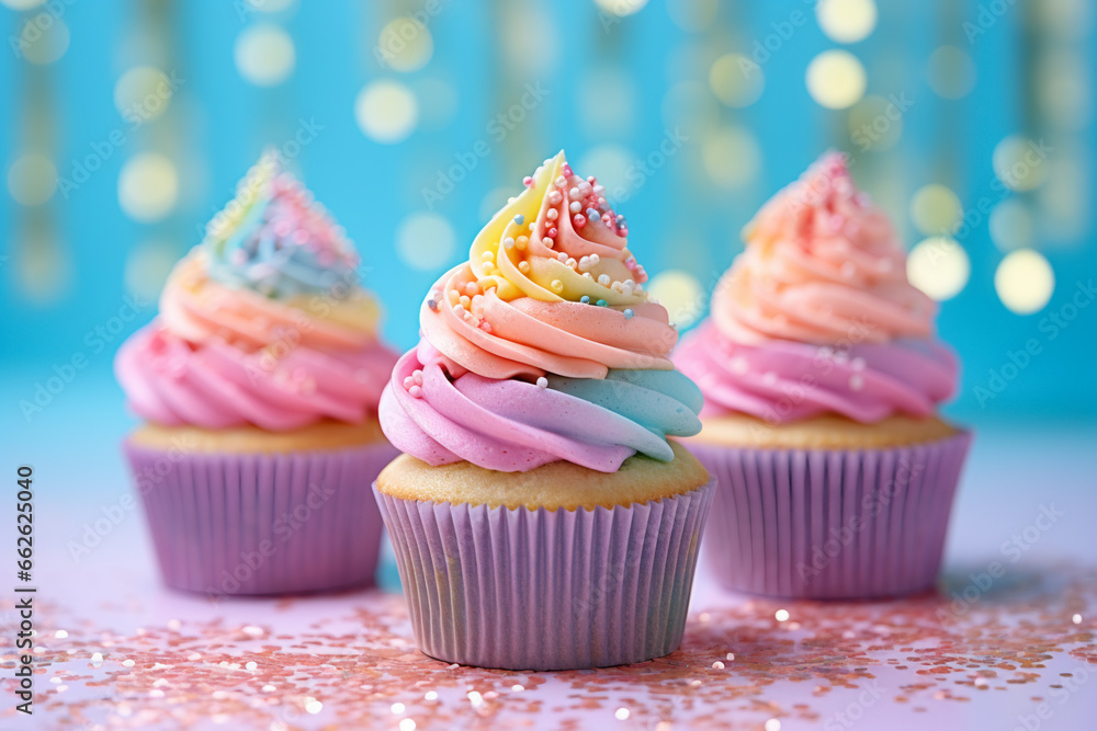 rainbow themed party: colourful rainbow coloured cupcakes on a pastel bokeh background rainbow themed party: colourful rainbow coloured cupcakes on a pastel bokeh background