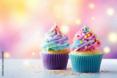 rainbow themed party  colourful rainbow coloured cupcakes on a pastel bokeh background