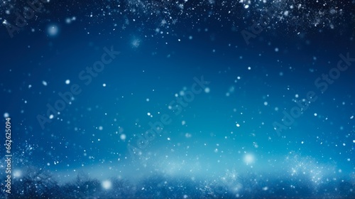 Snow Blue Background. Christmas Winter Night with Snow and Blurred Bokeh. Beautiful Blue Winter Background for a Calm and Festive Christmas Eve.