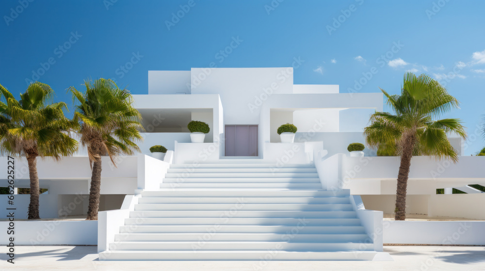White architecture on mediterranean island, Greece. Summer seascape. View of the sea and the blue sky with white cloud. Travel and summer vacations concept