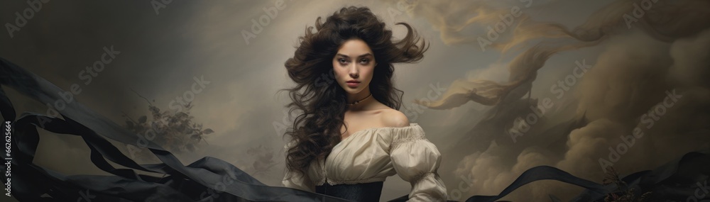 Naklejka premium Portrait of a woman in medieval dress. Long image for website design.