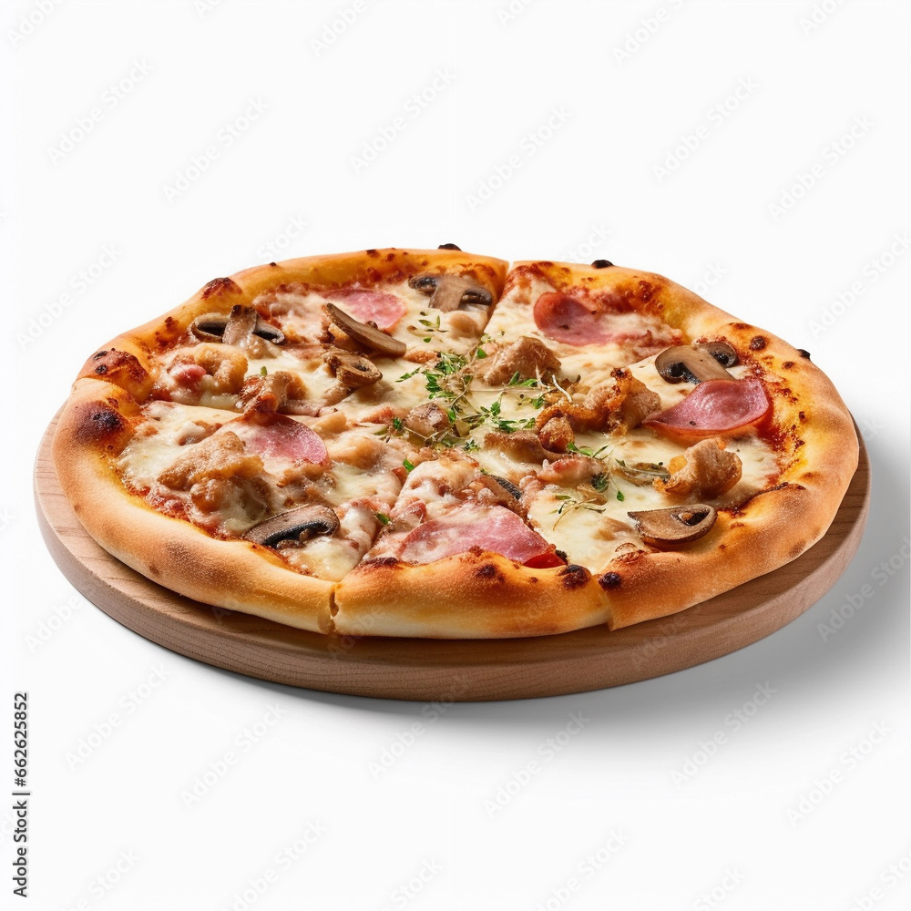 A thin crust pizza topped with a blend of cheeses, mushrooms, prosciutto, and a drizzle of truffle oil, resulting in a rich and aromatic flavor
