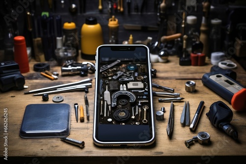 Photo of a cellphone repair shop table with smartphone, and equipment Generative AI photo