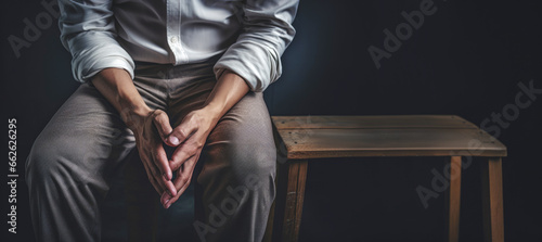 In a somber court setting, a sad and depressed criminal as a prisoner, his hands reflecting the pain and despair often associated with the human experience within the criminal justice system. photo