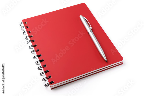 A business-oriented red notebook with a pen, set against a white background.