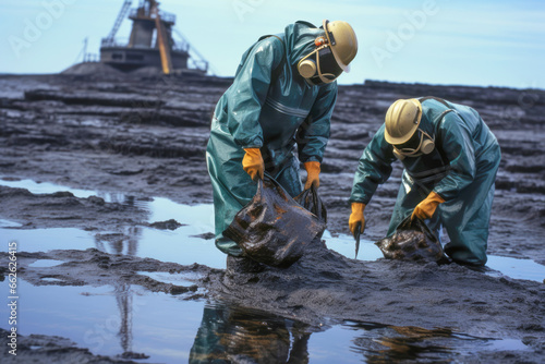 A team of dedicated workers strives to clean up the environmental disaster caused by an oil spill, demonstrating a commitment to restoring nature's balance.