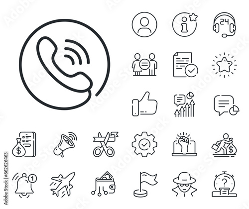 Phone support sign. Salaryman, gender equality and alert bell outline icons. Call center service line icon. Feedback symbol. Call center line sign. Spy or profile placeholder icon. Vector
