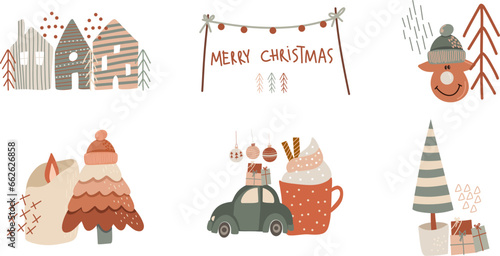 Vector winter illustrations in flat style, funny set of Christmas mood scenes, hand drawn vector illustration