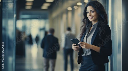 Smiling brunette woman in a black business suit and white blouse indoors at a bank with a smartphone in her hands. Digital technologies.