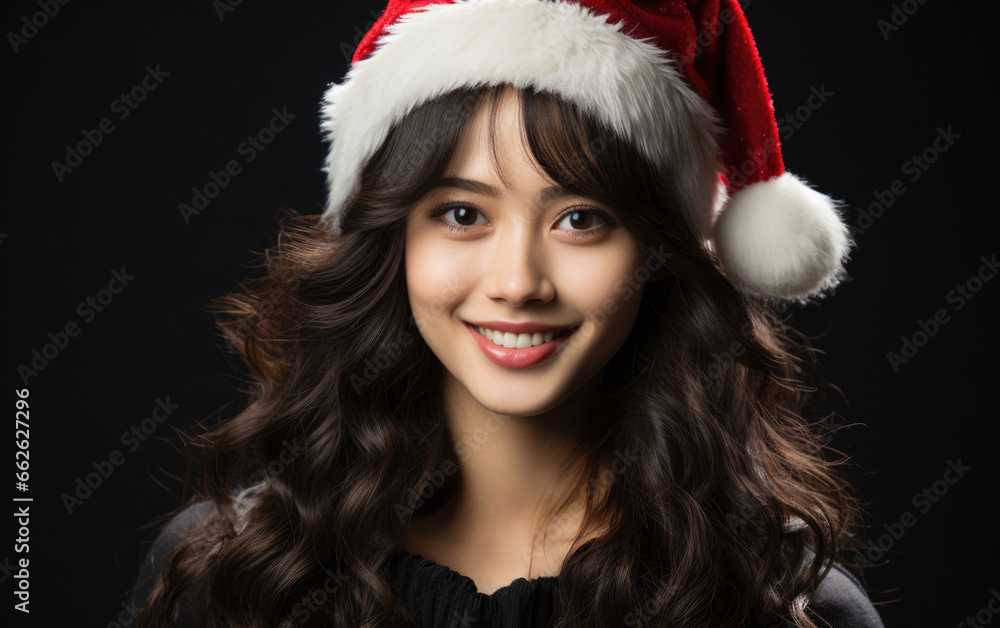 Portrait of a closeup happy beautiful girl with Santa costume on dark background. Portrait of a closeup happy beautiful girl with Santa costume on dark background.