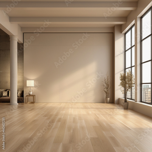 Modern contemporary loft empty room with beige color and white walls 3d render rooms has parquet floors mock up.