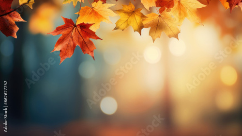 Autumn seasonal background with sunlit made of falling autumn golden  red- and orange-colored leaves  copy-space concepts.