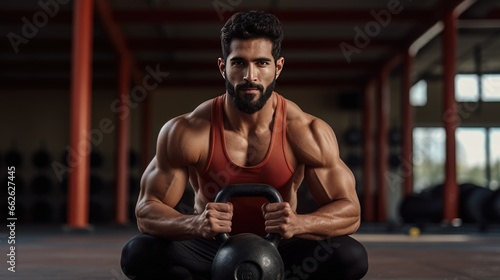 Strong and Fit - Muscular Man Exercising with Kettlebell - Crossfit Workout Theme © pvl0707