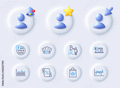 World money, Online accounting and Online buying line icons. Placeholder with 3d cursor, bell, star. Pack of Bitcoin project, Crown, Loan percent icon. Money diagram, Stock analysis pictogram. Vector