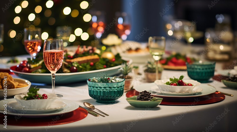 Christmas Dinner tabletop, beautifully decorated with creamy bokeh christmas lights in the background 