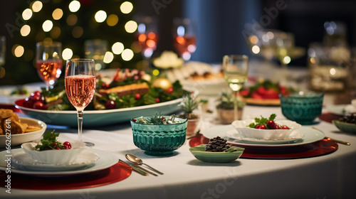 Christmas Dinner tabletop, beautifully decorated with creamy bokeh christmas lights in the background 