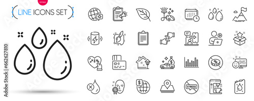 Pack of Stop stress, World medicine and Clipboard line icons. Include Card, Painting brush, Charge battery pictogram icons. Calendar, Bar diagram, Water drop signs. Coffee maker. Vector
