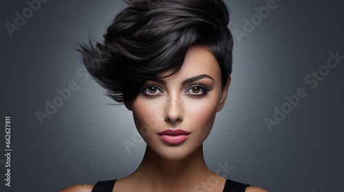 Charming young brunette woman with a fashionable haircut. Fashion and beauty.