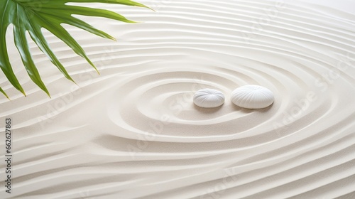 Asian Garden of Balance - Zen Sand Pattern with Delicate Palm Leaves for Meditation Retreats