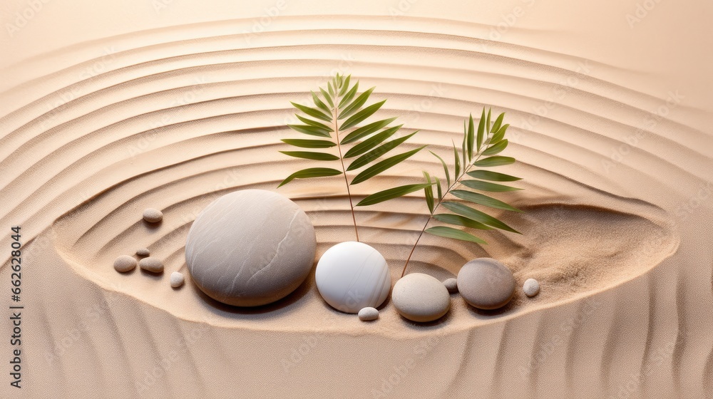 Asian Garden of Balance - Zen Sand Pattern with Delicate Palm Leaves for Meditation Retreats Asian Garden of Balance - Zen Sand Pattern with Delicate Palm Leaves for Meditation Retreats