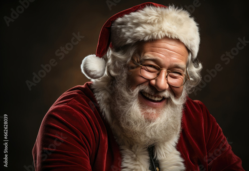 A man wearing glasses is smiling in a santa claus suit against black backgrounds, concepts for christmas.