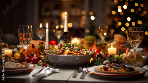 Christmas Dinner tabletop, beautifully decorated with creamy bokeh christmas lights in the background  photo