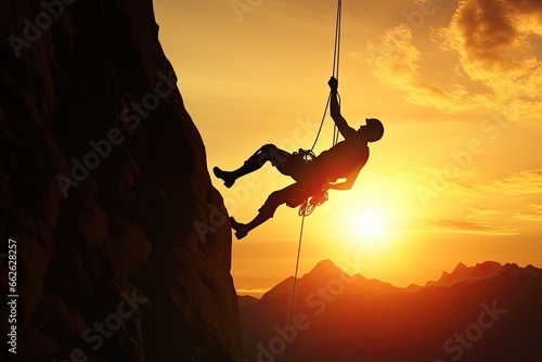 Silhouette of rock climber at sunset