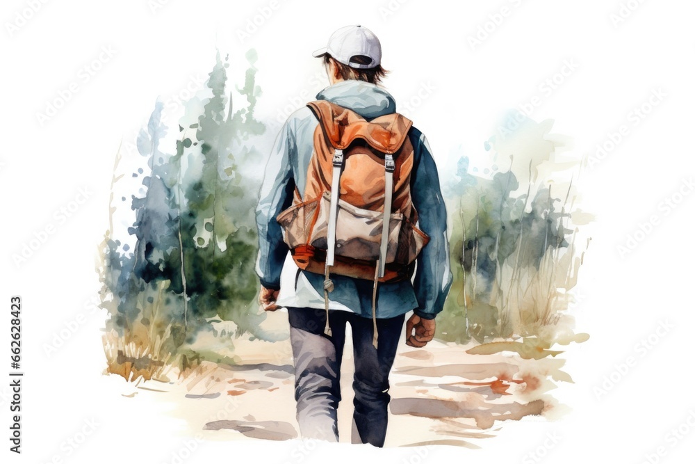 watercolor illustration of tourist with a backpack. Rear view.