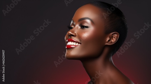 Beauty photo of the face of a young African American woman with perfect skin and white teeth. Women's beauty and makeup, dental services. photo