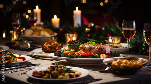 Christmas Dinner tabletop, beautifully decorated with creamy bokeh christmas lights in the background 