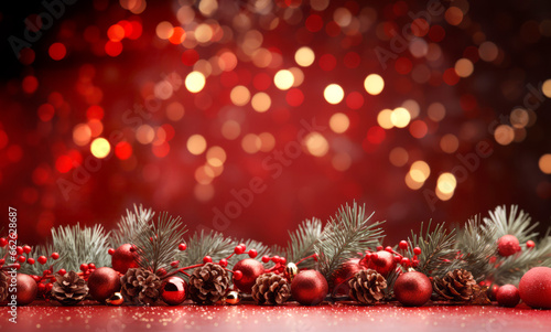 Christmas background with tree branches and Xmas baubles on red surface. Merry christmas card with bokeh and pine cones. Generative Ai