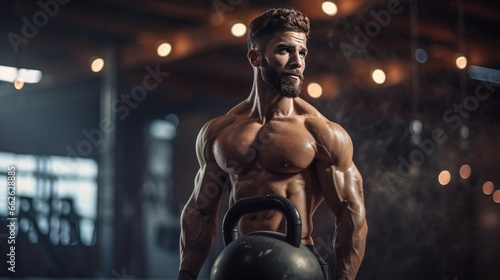 Strong and Fit - Muscular Man Exercising with Kettlebell - Crossfit Workout Theme © pvl0707